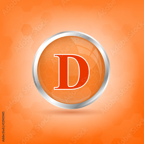 Vitamin D icon structure orange substance.  Personal care, beauty concept. Medicine health symbol of thiamine. Drug business concept. 3D Vitamin complex with chemical formula. Vector Illustration.
