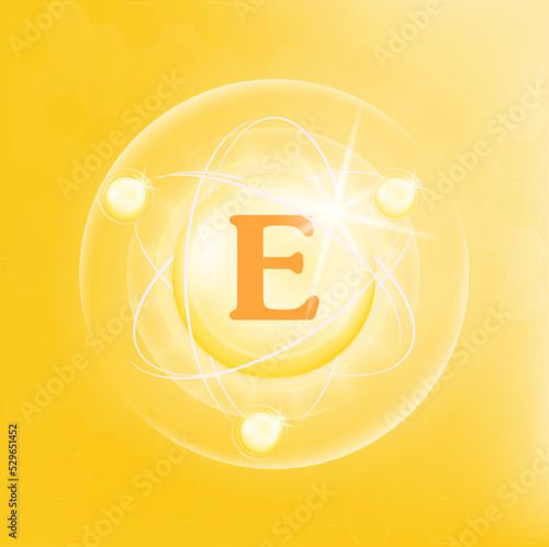 Vitamin E icon structure yellow substance. 3D Vector Illustration. Medicine health symbol of thiamine. Drug business concept. Vitamin complex with chemical formula. Personal care, beauty concept.