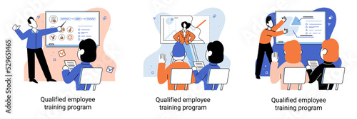 Qualified employee training program. Refresher course metaphor. Help in professional development. Learning for software development and growth. Agile project management team project life scrum meeting