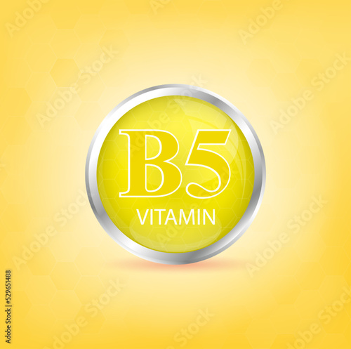 Vitamin B5 icon structure yellow substance. Personal care, beauty concept. Medicine health symbol of thiamine. Drug business concept. 3D Vector Illustration. Vitamin complex with chemical formula.