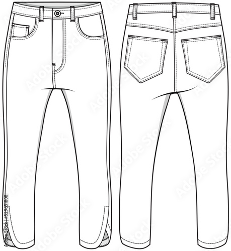 Jeggings with Curved Hem Front and Back View fashion illustration vector, CAD, technical drawing, flat drawing.