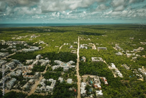 View of Tulum, Mexico from the air under a cloudy sky