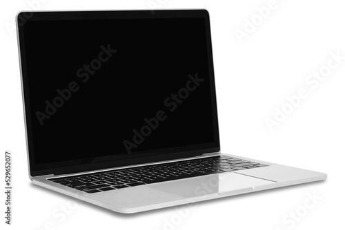 Front view of a modern generic silver metallic laptop with a blank black screen and isolated on a transparent background. photo