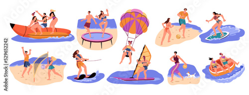 Beach people, summer sea activities. Friends game play, person swim in ocean, boys and girls leisure time, parachuting and surfing. Vector cartoon characters