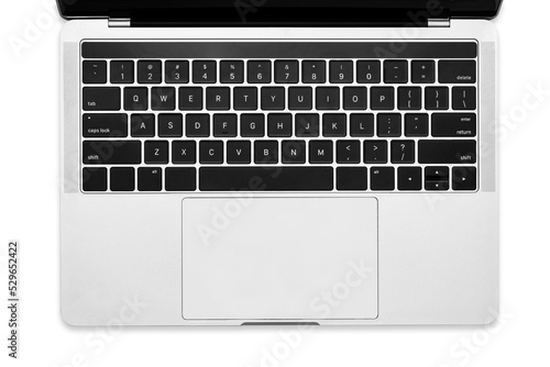 Top view of a modern silver metallic laptop isolated on a transparent background.