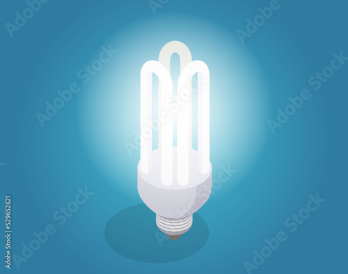 Eco powersave lamp icon. Cartoon energy efficient burning lamp with spiral base. Electric LED or energy-saving lighting fixture. Electrical appliances to create interior light and save electricity