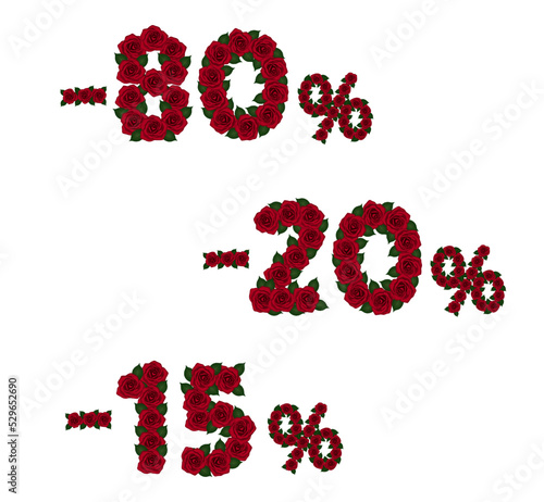 Decorative figures for sale and discounts of red roses. Fifteen, twenty, eighty percent. Vector Clip art