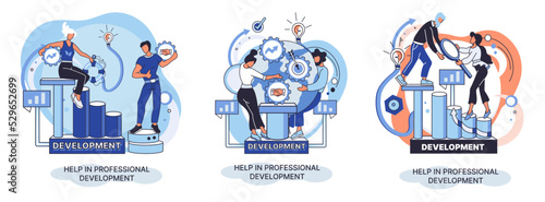 Qualified employee training program. Refresher course metaphor. Help in professional development. Learning for software development and growth. Agile project management team project life scrum meeting