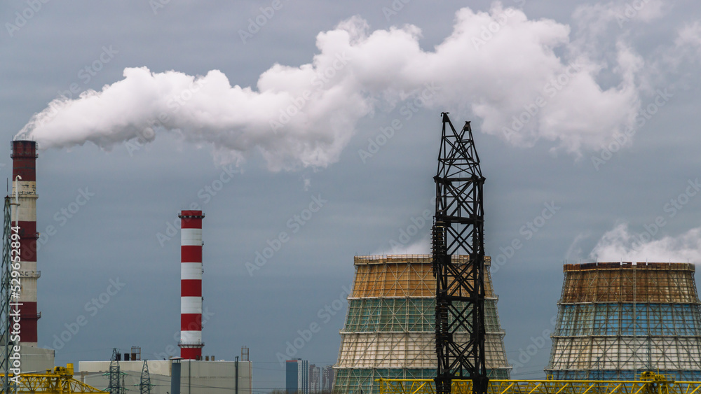 Large Cooling Towers Of Thermal Power Plants White Steam Comes Out Of