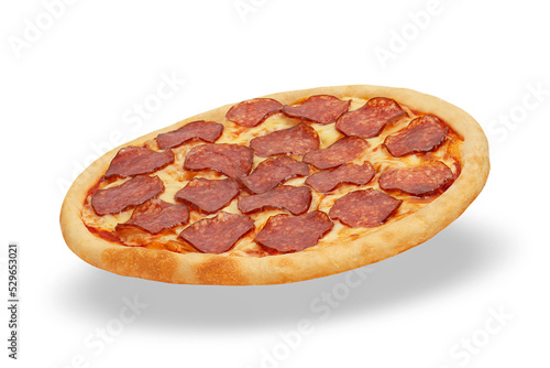 Pepperoni pizza on a white isolated background. Side view