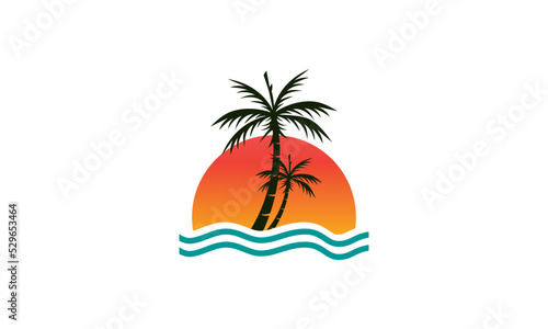 sun beach logo design  sunset with island logo design vector illustration