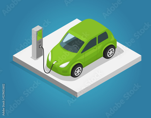 Modern electric smart car charging, automobile parking at charger station with plug in cable. Electrified future transportation e-motion. Environmentally friendly transport using renewable energy