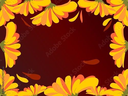 Autumn background with yellow flowers on the edges of the frame. A fluffy flower with petals frames a rectangle of brown color. The mood of autumn.