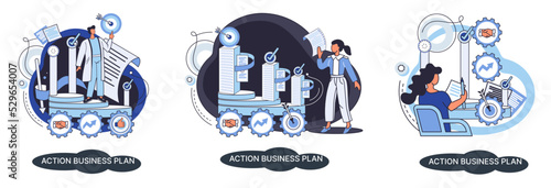 Action business plan, development strategies, foreseeing market risks. Company success secret, idea growing business achieve target metaphor, study production and sales market. Strategic biz planning