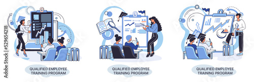 Qualified employee training program. Refresher course metaphor. Help in professional development. Learning for software development and growth. Agile project management team project life scrum meeting