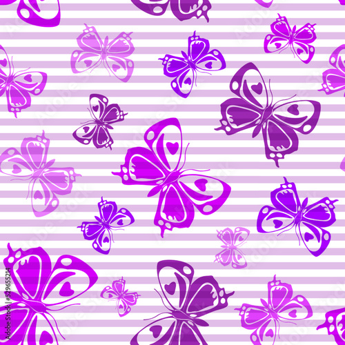 Flying butterfly silhouettes over striped background vector seamless pattern.