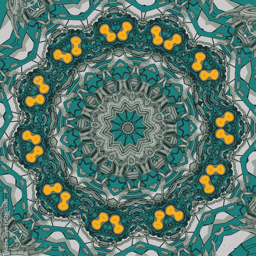 Seamless tracery tile mehndi design. Ethnic ornament, colorful doodle symmetry texture. Folk traditional spiritual tribal design. Curved doodling motif. Color art