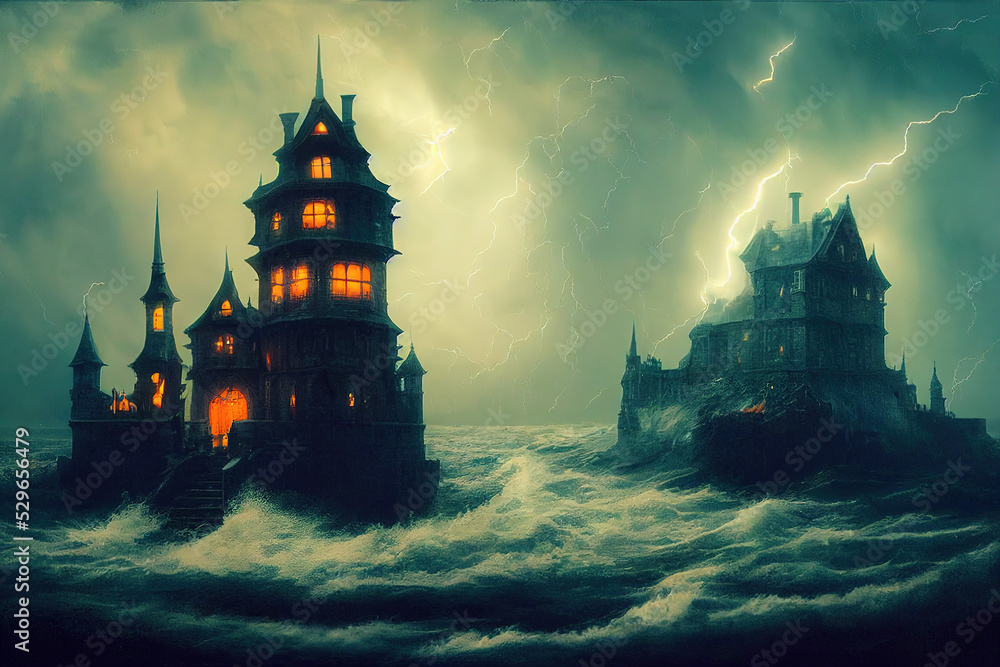 Naklejka premium Halloween Theme Scene. Halloween Castle, Forest, Houses and Town. Glass Snow Ball, Pumpkin, Halloween Monsters Etc.Concept Art Scenery. Book Illustration. Video Game Scene. Serious Digital Painting. 