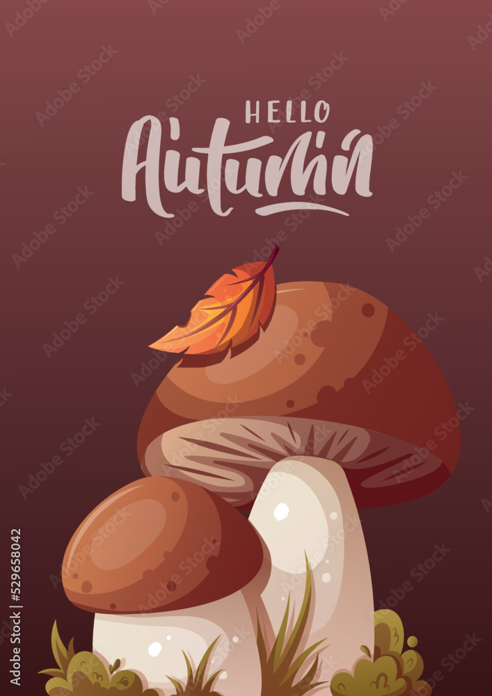 Autumn card design with mushrooms. 