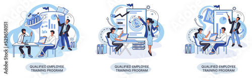 Qualified employee training program. Refresher course metaphor. Help in professional development. Learning for software development and growth. Agile project management team project life scrum meeting