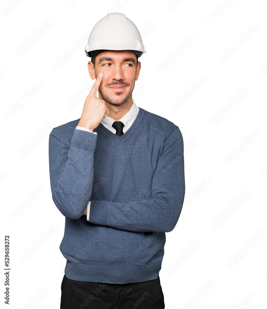Young architect making a gesture of observing Young architect making a gesture of observing