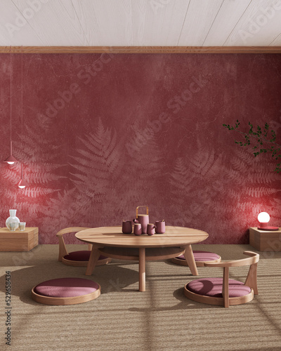 Photography Minimalist Tea ceremony room mock up in red and beige tones, japanese style