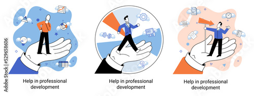 Help in professional development metaphor. Qualified employee training program. Refresher course. Human resource management organization. Business education workshop. School personality growth in team