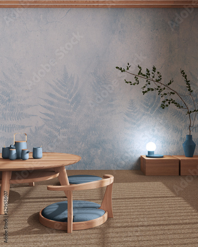 Canvas Print Japandi Tea ceremony room mock up in blue and beige tones, japanese style