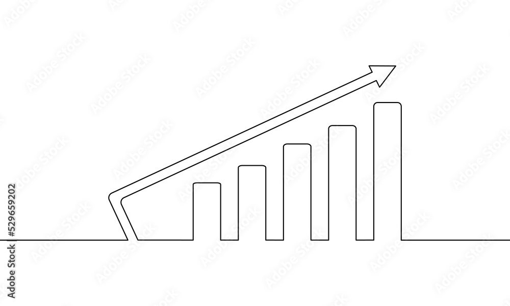 Continuous line drawing of graph icon business, arrow up, growth graph, bar chart sign symbol, object one line, single line art, doodle illustration vector Continuous line drawing of graph icon business, arrow up, growth graph, bar chart sign symbol, object one line, single line art, doodle illustration vector