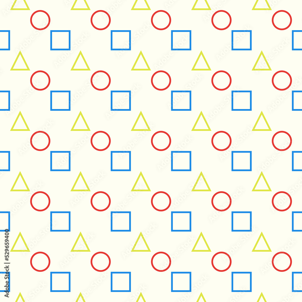 Children's seamless background pattern. Abstract geometric seamless pattern of yellow triangles, red circles, blue squares. Children's print for textiles, wallpaper, wrapping paper Children's seamless background pattern. Abstract geometric seamless pattern of yellow triangles, red circles, blue squares. Children's print for textiles, wallpaper, wrapping paper