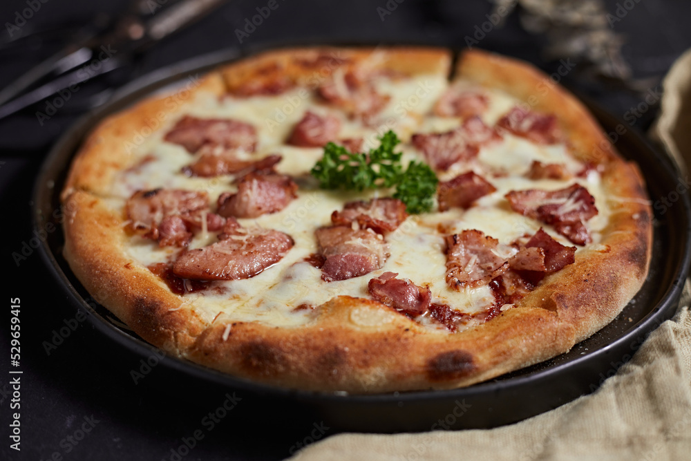 Homemade bacon and cheese pizza