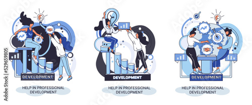 Help in professional development metaphor. Qualified employee training program. Refresher course. Human resource management organization. Business education workshop. School personality growth in team