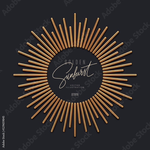 Realistic gold metal sunburst rays on dark background and copy space. 3d render vector illustration.