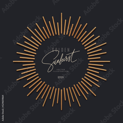 Realistic gold metal sunburst rays on dark background and copy space. 3d render vector illustration.