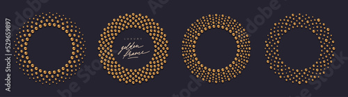 Set of elegfant round golden frames made of golden balls. Set of golden beads in the form of circle luxury frames with place for your text or message. Vector illustration.