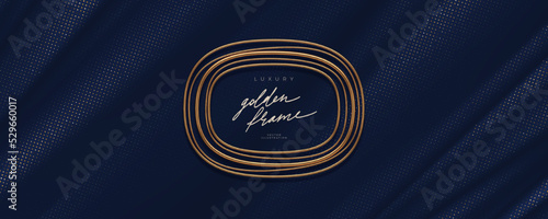 Luxury banner with realistic gold metal frame on textile background with halftone. Vector illustration.