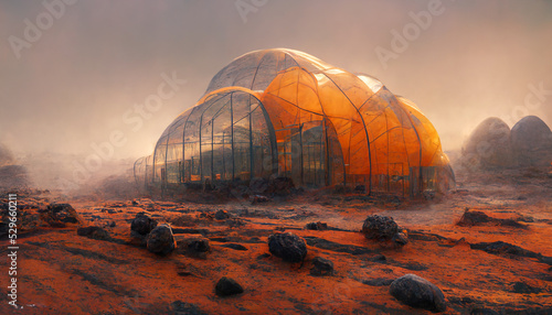 Martian Colony, Terraforming. Biodome on Mars. Martian Greenhouse photo