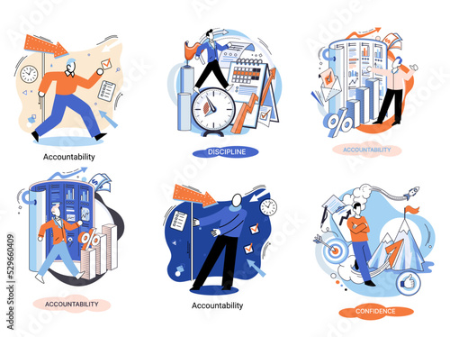Personal quality concept creative metaphors set. Confidence, accountability and discipline, mental strength, psychological flexibility, decision making, leadership role, personal development
