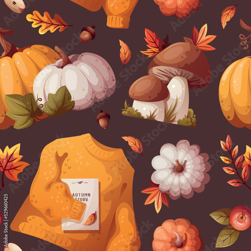 Seamless pattern with Yellow sweater, apples, pumpkins, mushrooms. Autumn, harvest, thanksgiving day, cozy home, fall concept. Vector illustration. Perfect for product design, wallpaper, scrapbooking.