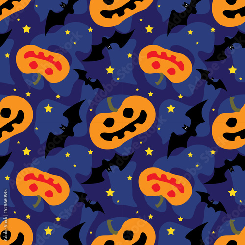 Pumpkins and bats against a dark blue night sky with bright stars. Seamless pattern, Halloween print. Vector illustration © Marya