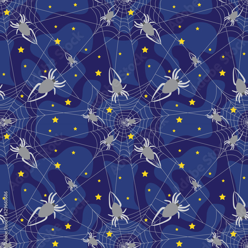 A white web with gray spiders against a dark blue night sky with bright stars. Seamless pattern, Halloween print. Vector illustration