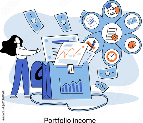 Investment portfolio income dollars currency, buy sell trading, market exchange value metaphor, businessman investor or trader balance portfolio with coins. Financiers analyzing stock market profit
