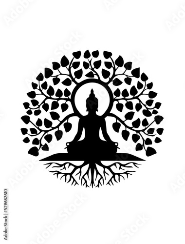 Seated Buddha meditating with a tree on a white background