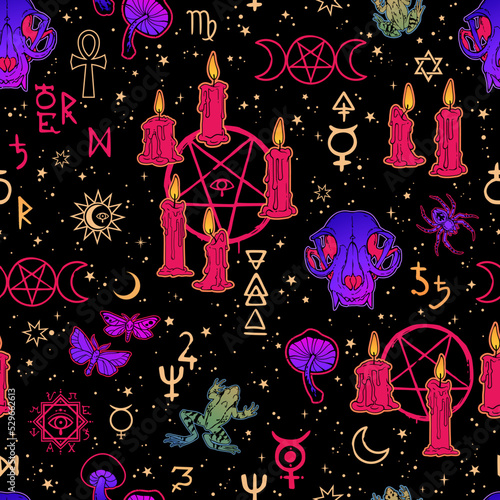 Magical pentagrams and symbols. Ritual candles and animals. Seamless pattern