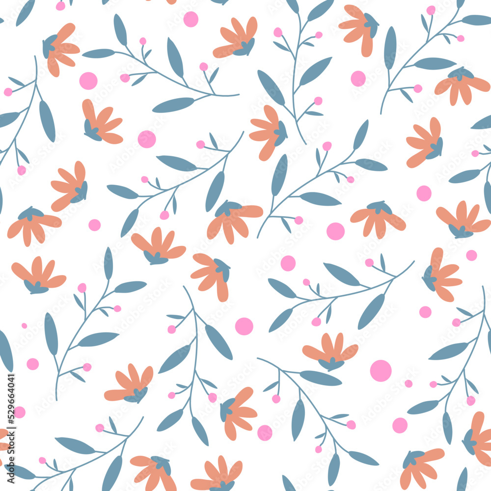 Vector seamless spring floral pattern with small orange flowers on a white background.