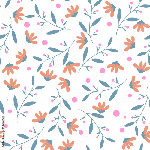 Vector seamless spring floral pattern with small orange flowers on a white background.