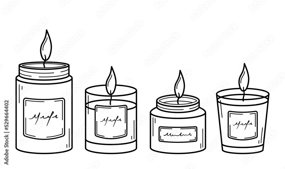 Set of burning aroma candles in glass jars. Hand drawn sketch icons ...