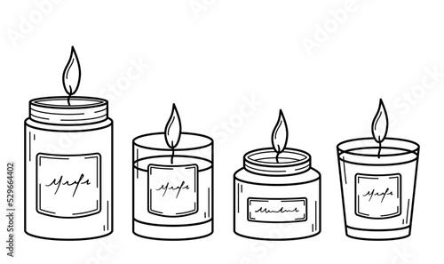 Set of burning aroma candles in glass jars. Hand drawn sketch icons. Isolated vector illustration in doodle line style.