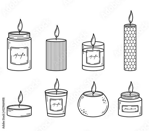 Burning wax and paraffin aroma candles set. Big collection candles different shapes and sizes. Trendy decor for home interior. Spa, aromatherapy, relaxation. Doodle sketch style. Vector illustration.