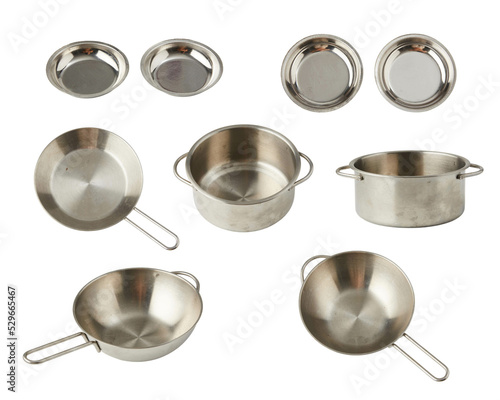 Set small metal ladle and dishes for the kitchen with a handle on a white isolated background.